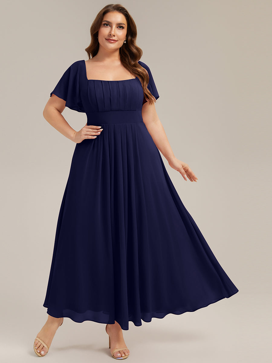 Kn?chellang A-Linien Chiffon Kleid Square Neck Raffung Gathered R¨¹ckenfrei Design #Farbe_Marineblau