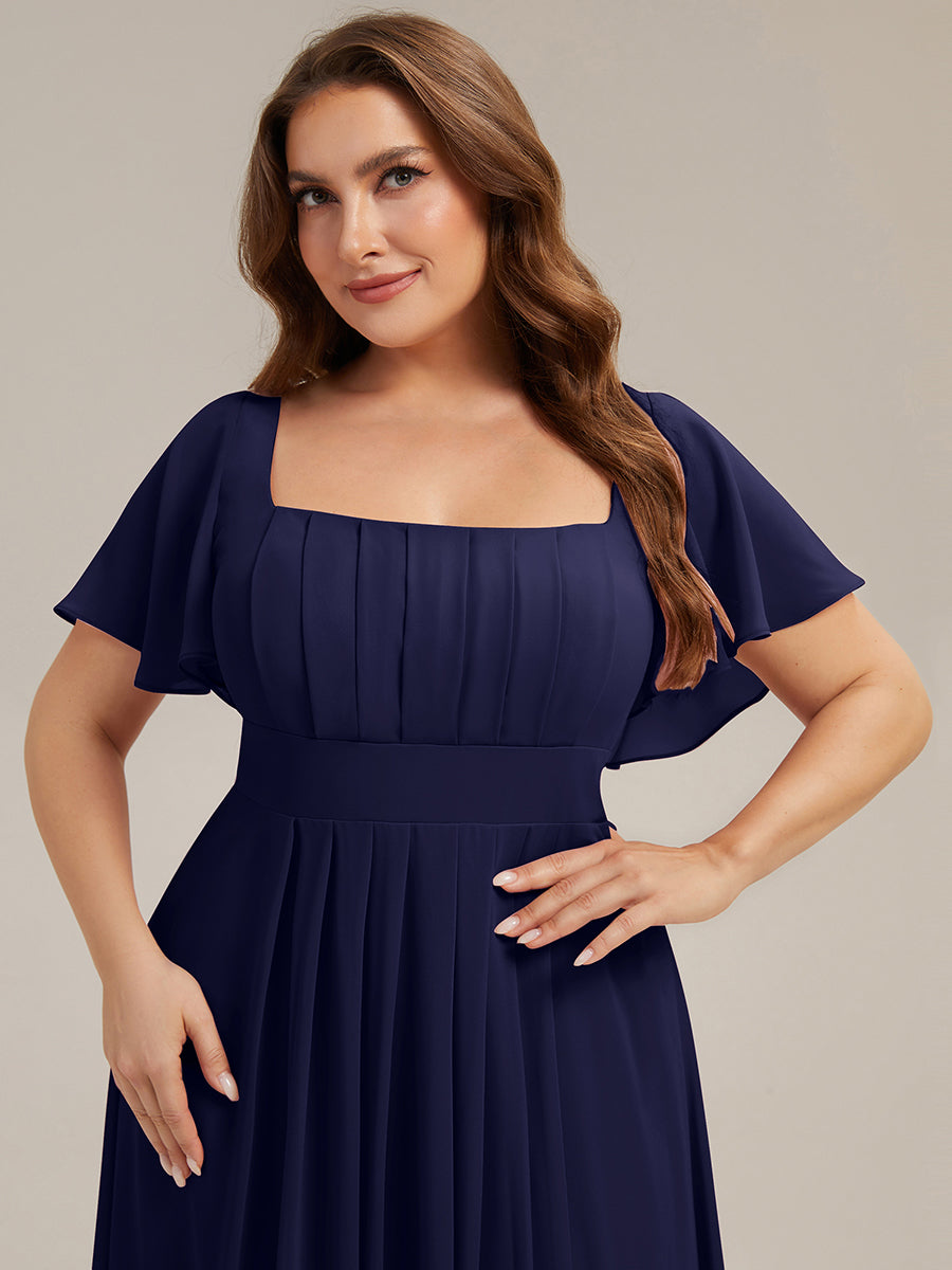 Kn?chellang A-Linien Chiffon Kleid Square Neck Raffung Gathered R¨¹ckenfrei Design #Farbe_Marineblau