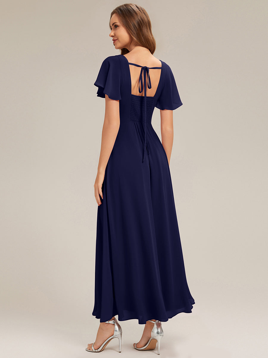 Kn?chellang A-Linien Chiffon Kleid Square Neck Raffung Gathered R¨¹ckenfrei Design #Farbe_Marineblau