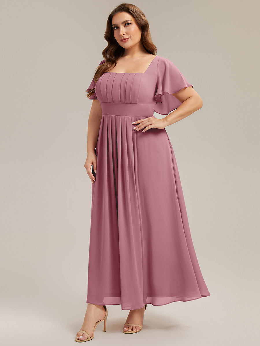 Kn?chellang A-Linien Chiffon Kleid Square Neck Raffung Gathered R¨¹ckenfrei Design #Farbe_Orchideenviolett