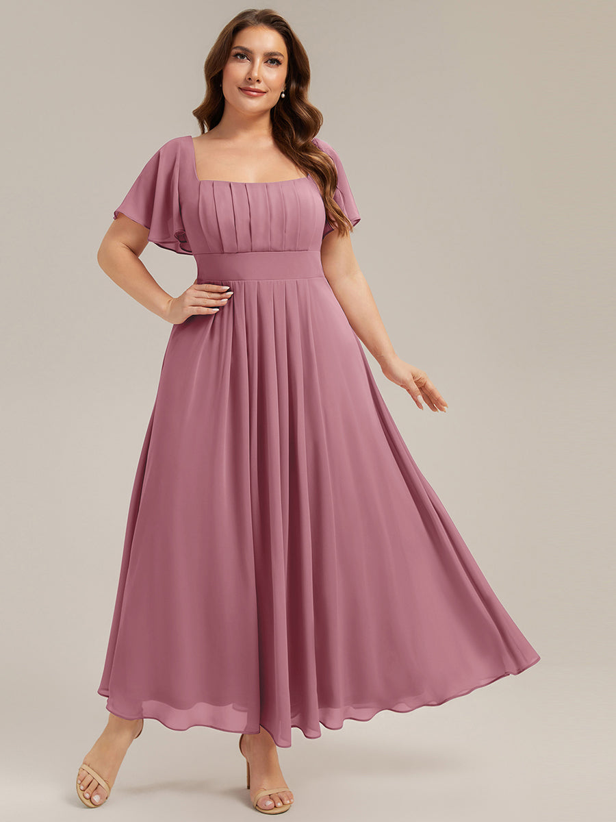 Kn?chellang A-Linien Chiffon Kleid Square Neck Raffung Gathered R¨¹ckenfrei Design #Farbe_Orchideenviolett