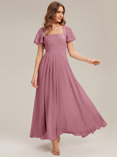 Kn?chellang A-Linien Chiffon Kleid Square Neck Raffung Gathered R¨¹ckenfrei Design #Farbe_Orchideenviolett