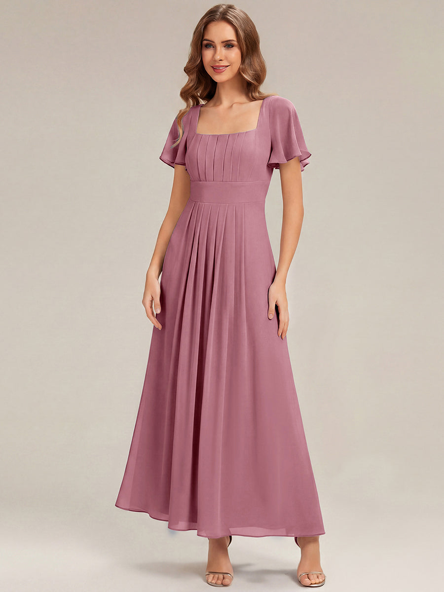 Kn?chellang A-Linien Chiffon Kleid Square Neck Raffung Gathered R¨¹ckenfrei Design #Farbe_Orchideenviolett