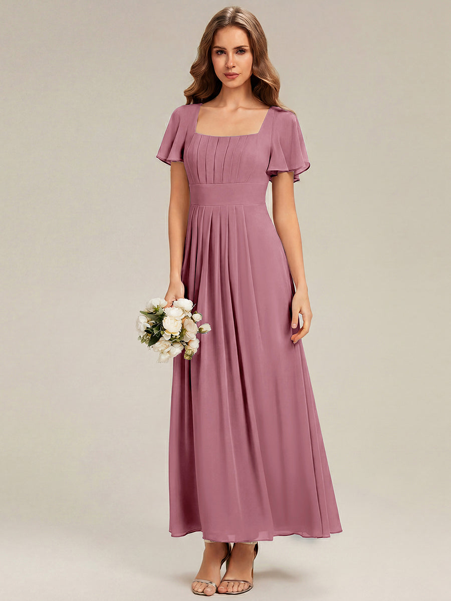 Kn?chellang A-Linien Chiffon Kleid Square Neck Raffung Gathered R¨¹ckenfrei Design #Farbe_Orchideenviolett