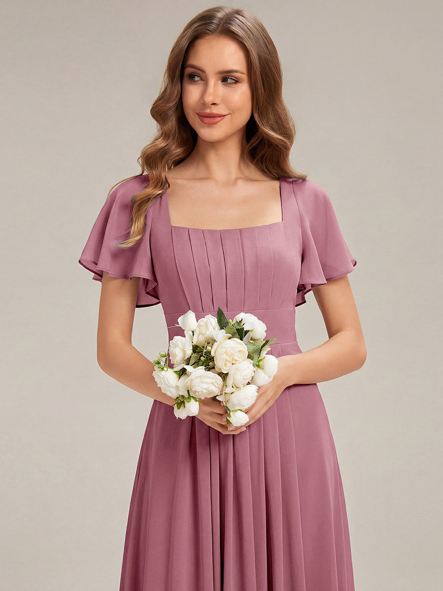 Kn?chellang A-Linien Chiffon Kleid Square Neck Raffung Gathered R¨¹ckenfrei Design #Farbe_Orchideenviolett
