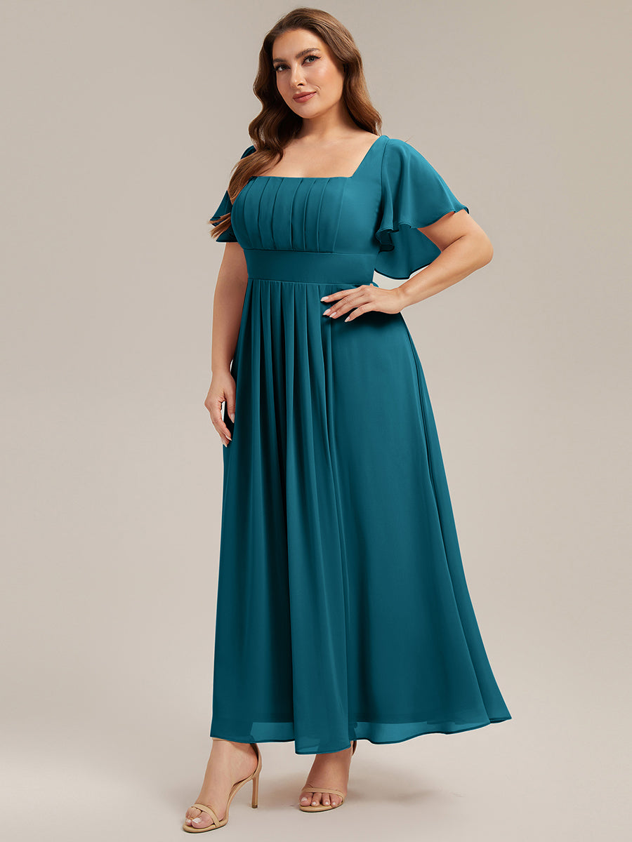 Kn?chellang A-Linien Chiffon Kleid Square Neck Raffung Gathered R¨¹ckenfrei Design #Farbe_Petrol