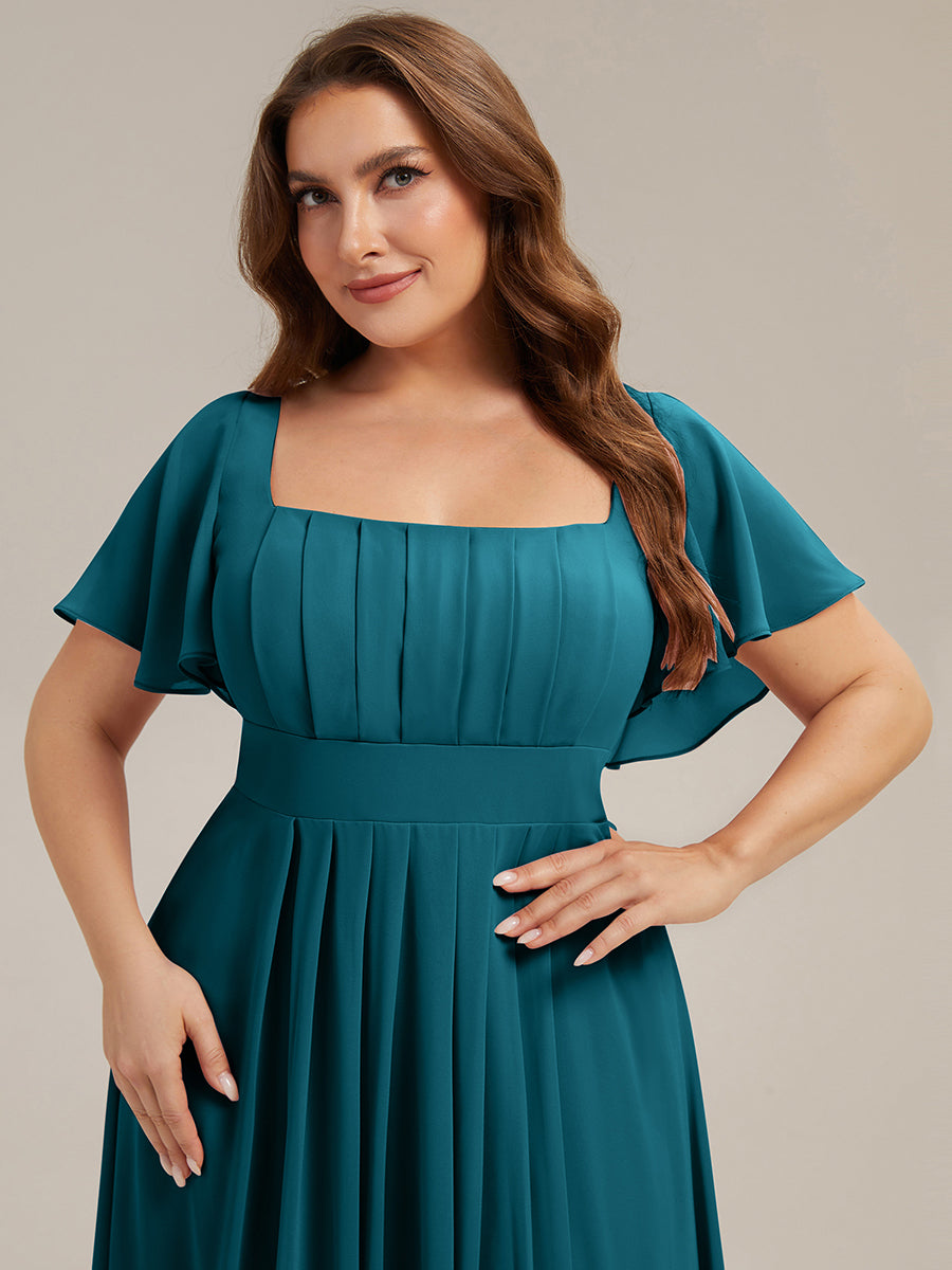 Kn?chellang A-Linien Chiffon Kleid Square Neck Raffung Gathered R¨¹ckenfrei Design #Farbe_Petrol