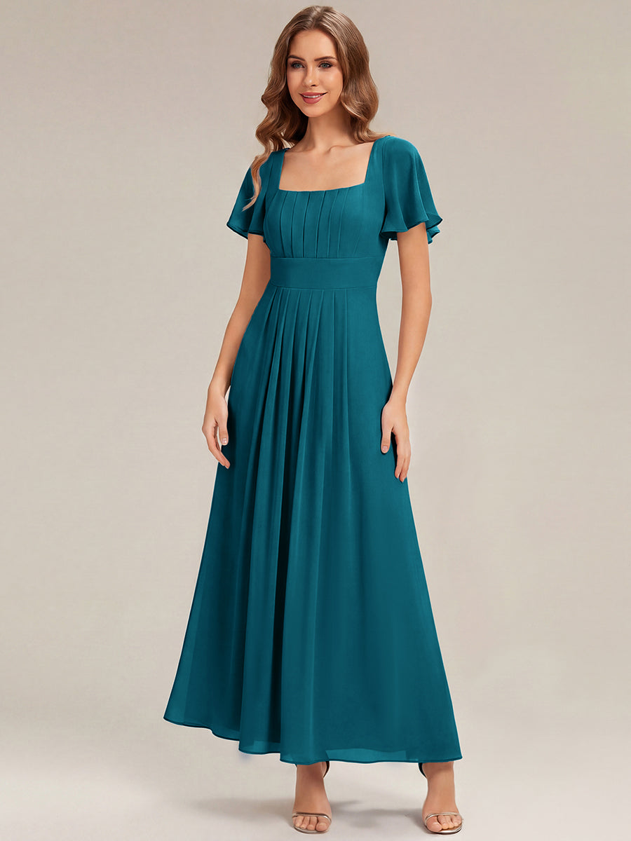 Kn?chellang A-Linien Chiffon Kleid Square Neck Raffung Gathered R¨¹ckenfrei Design #Farbe_Petrol