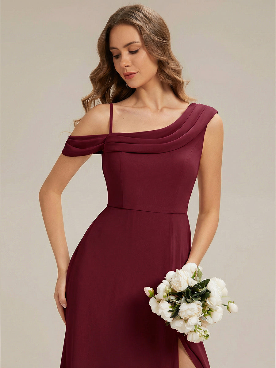 Maxi Asymmetrisches A-Linien Chiffon Kleid Mit Schlitz Detail #Farbe_Burgunderrot