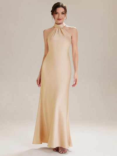 Midi Länge Halter Neck Meerjungfrau Satin Kleid Mit Oberschenkel Hohem Schlitz Und Rückenfreier Gestaltung Kleid #Farbe_Champagner