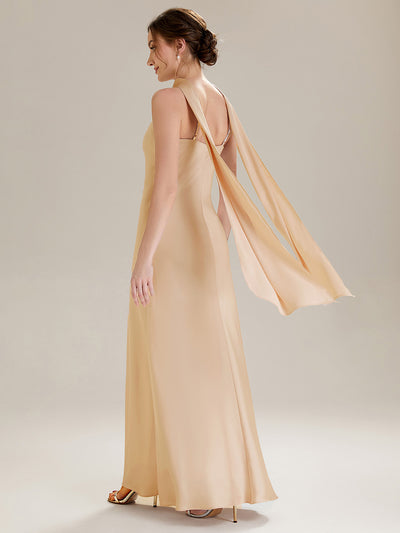 Midi Länge Halter Neck Meerjungfrau Satin Kleid Mit Oberschenkel Hohem Schlitz Und Rückenfreier Gestaltung Kleid #Farbe_Champagner