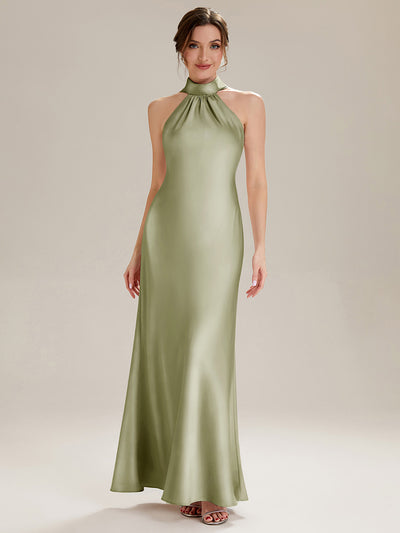Midi Länge Halter Neck Meerjungfrau Satin Kleid Mit Oberschenkel Hohem Schlitz Und Rückenfreier Gestaltung Kleid #Farbe_Salbeigrün
