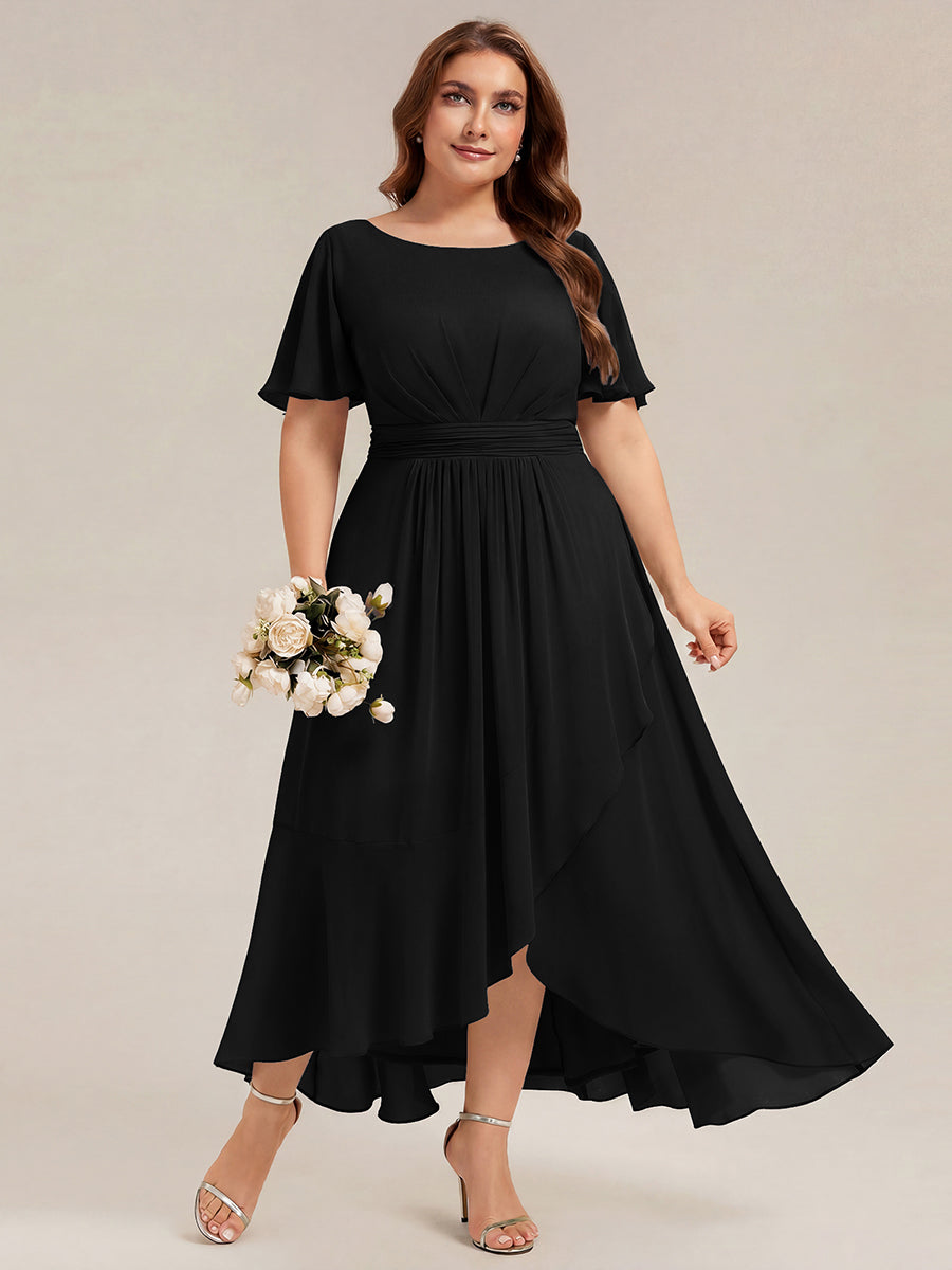 High-Low Chiffon Kleid Mit Rundhalsausschnitt Asymmetrischem Saum Gerüschten Und Rüschen Details Faltenoptik #Farbe_Schwarz