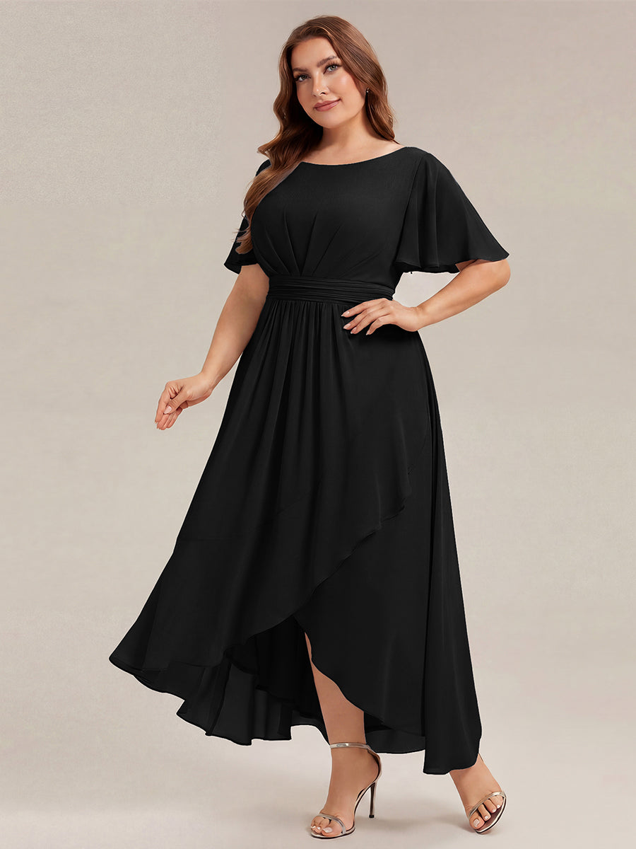 High-Low Chiffon Kleid Mit Rundhalsausschnitt Asymmetrischem Saum Gerüschten Und Rüschen Details Faltenoptik #Farbe_Schwarz