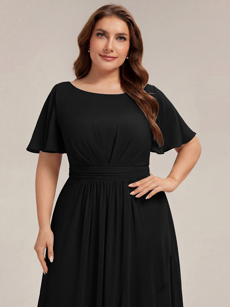 High-Low Chiffon Kleid Mit Rundhalsausschnitt Asymmetrischem Saum Gerüschten Und Rüschen Details Faltenoptik #Farbe_Schwarz