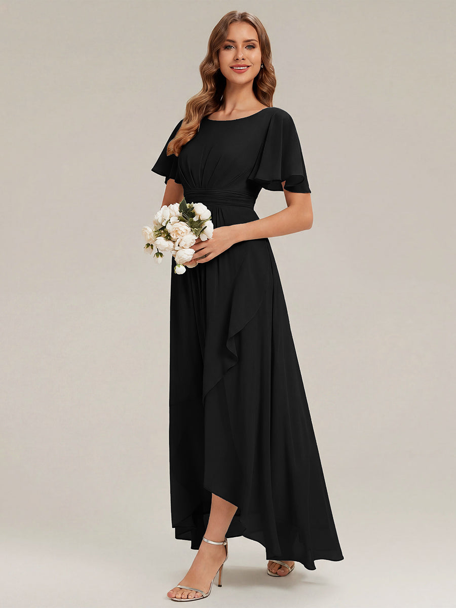 High-Low Chiffon Kleid Mit Rundhalsausschnitt Asymmetrischem Saum Gerüschten Und Rüschen Details Faltenoptik #Farbe_Schwarz