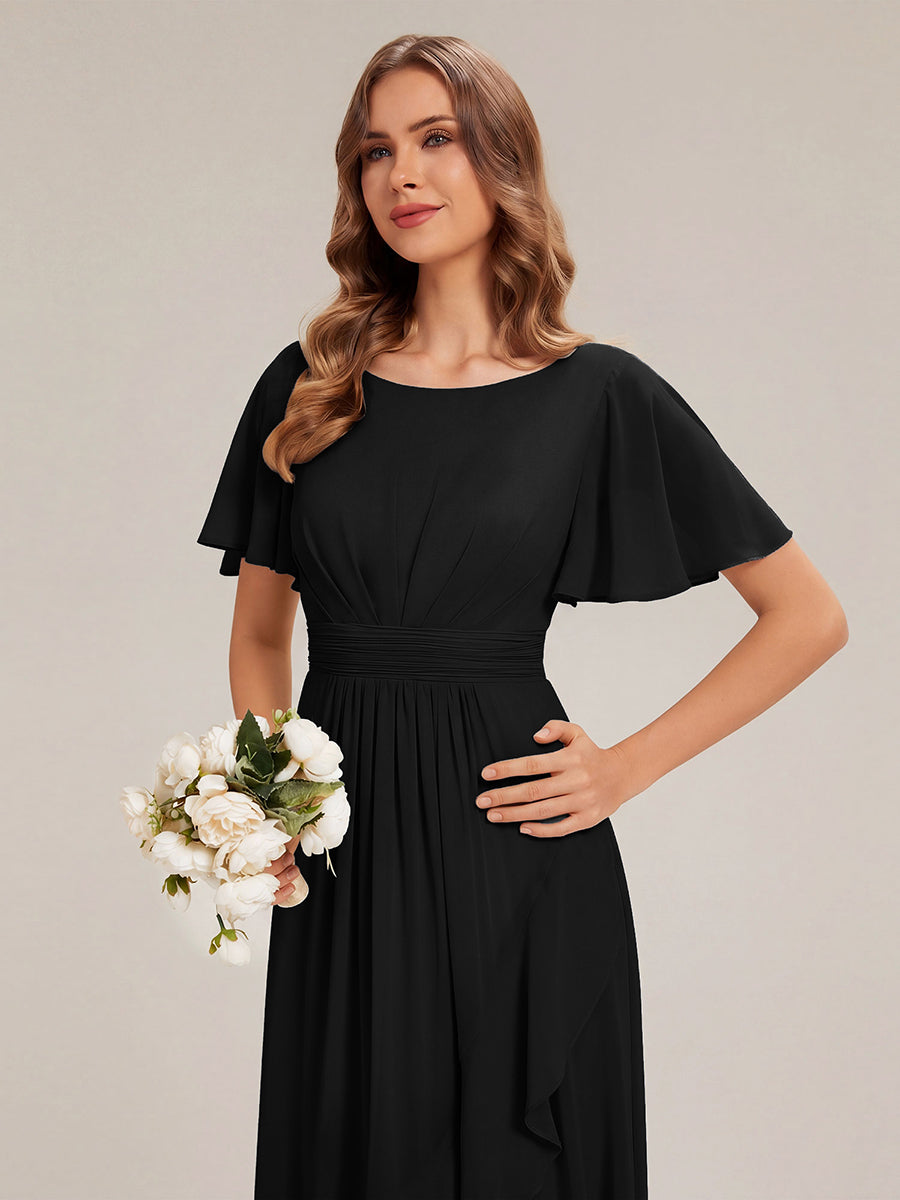 High-Low Chiffon Kleid Mit Rundhalsausschnitt Asymmetrischem Saum Gerüschten Und Rüschen Details Faltenoptik #Farbe_Schwarz