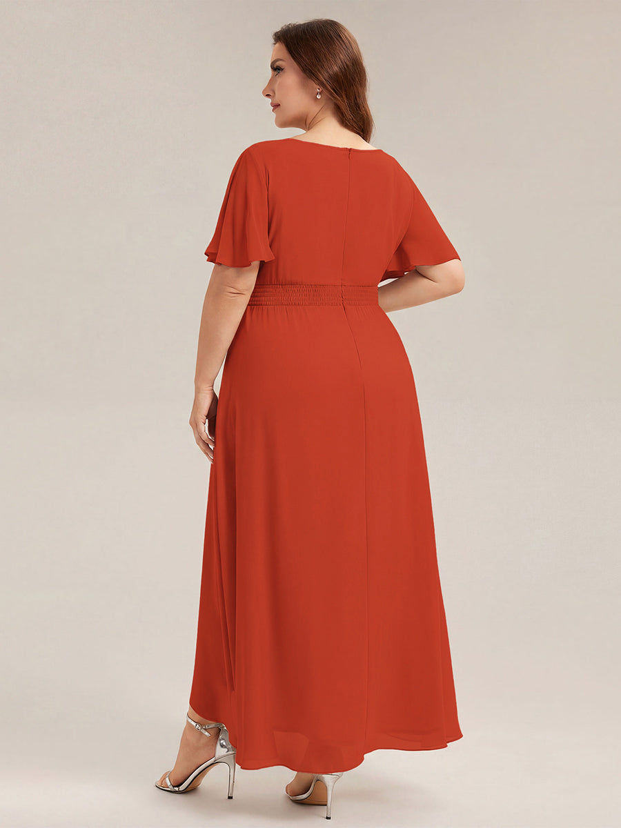 High-Low Chiffon Kleid Mit Rundhalsausschnitt Asymmetrischem Saum Gerüschten Und Rüschen Details Faltenoptik #Farbe_Gebranntes Orange