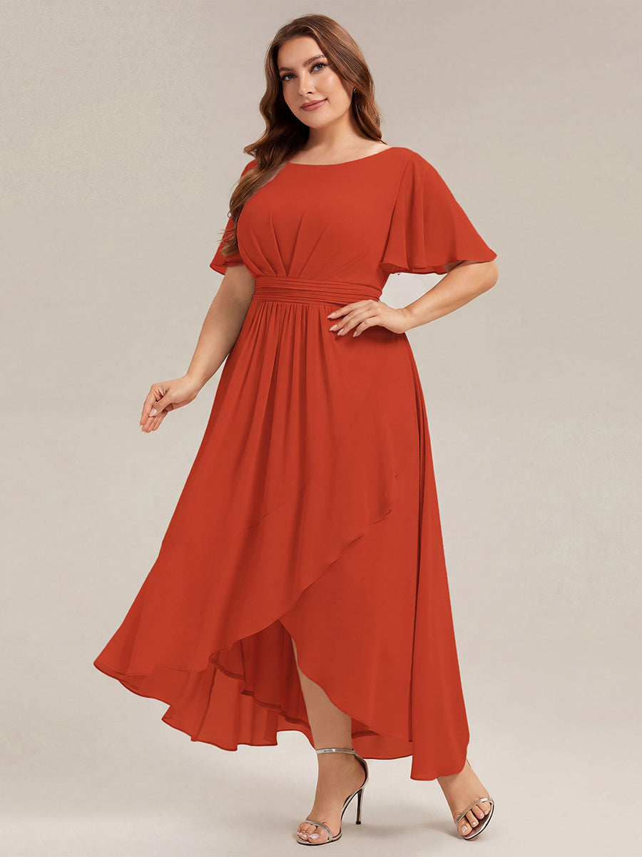 High-Low Chiffon Kleid Mit Rundhalsausschnitt Asymmetrischem Saum Gerüschten Und Rüschen Details Faltenoptik #Farbe_Gebranntes Orange