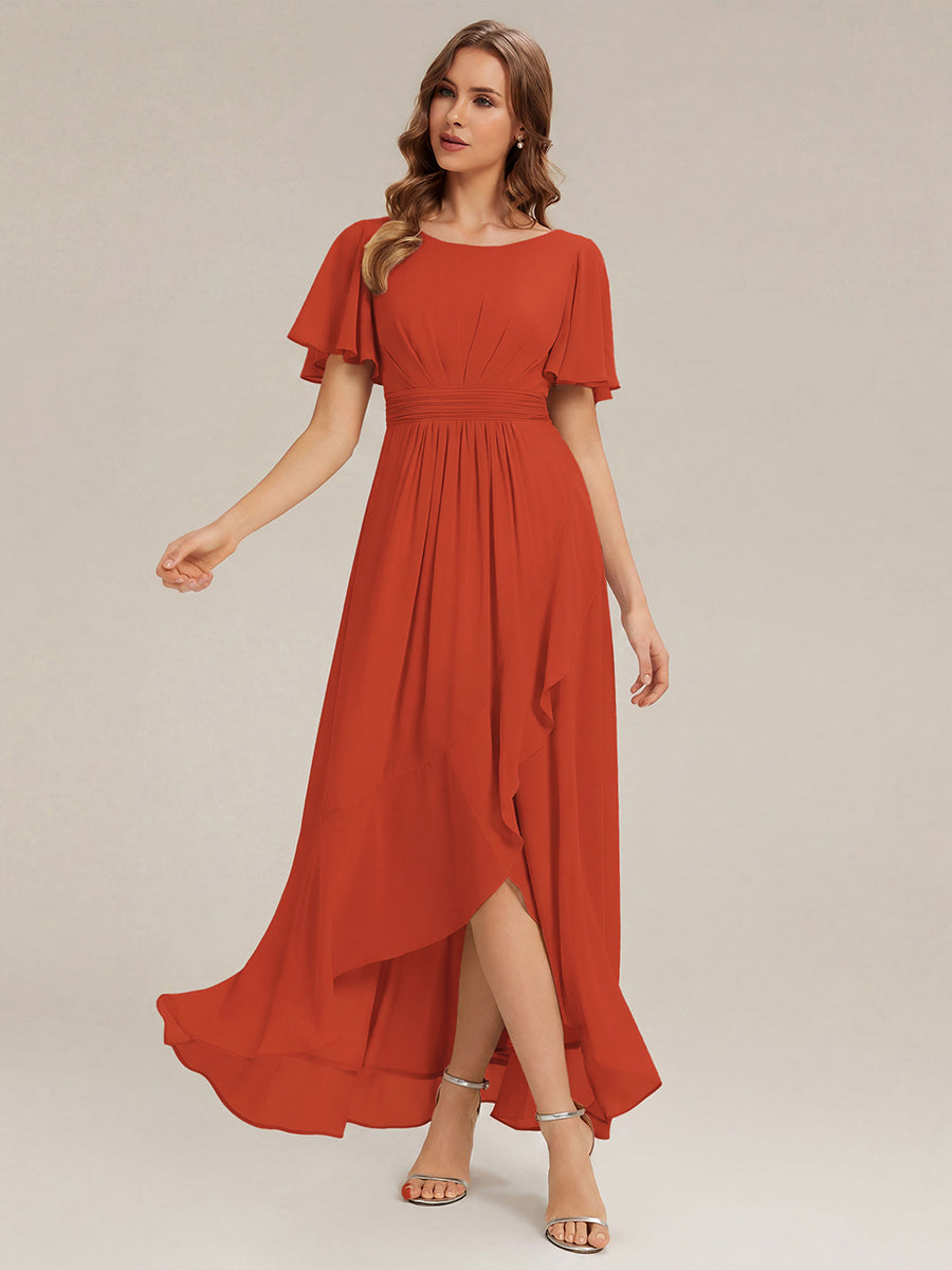 High-Low Chiffon Kleid Mit Rundhalsausschnitt Asymmetrischem Saum Gerüschten Und Rüschen Details Faltenoptik #Farbe_Gebranntes Orange