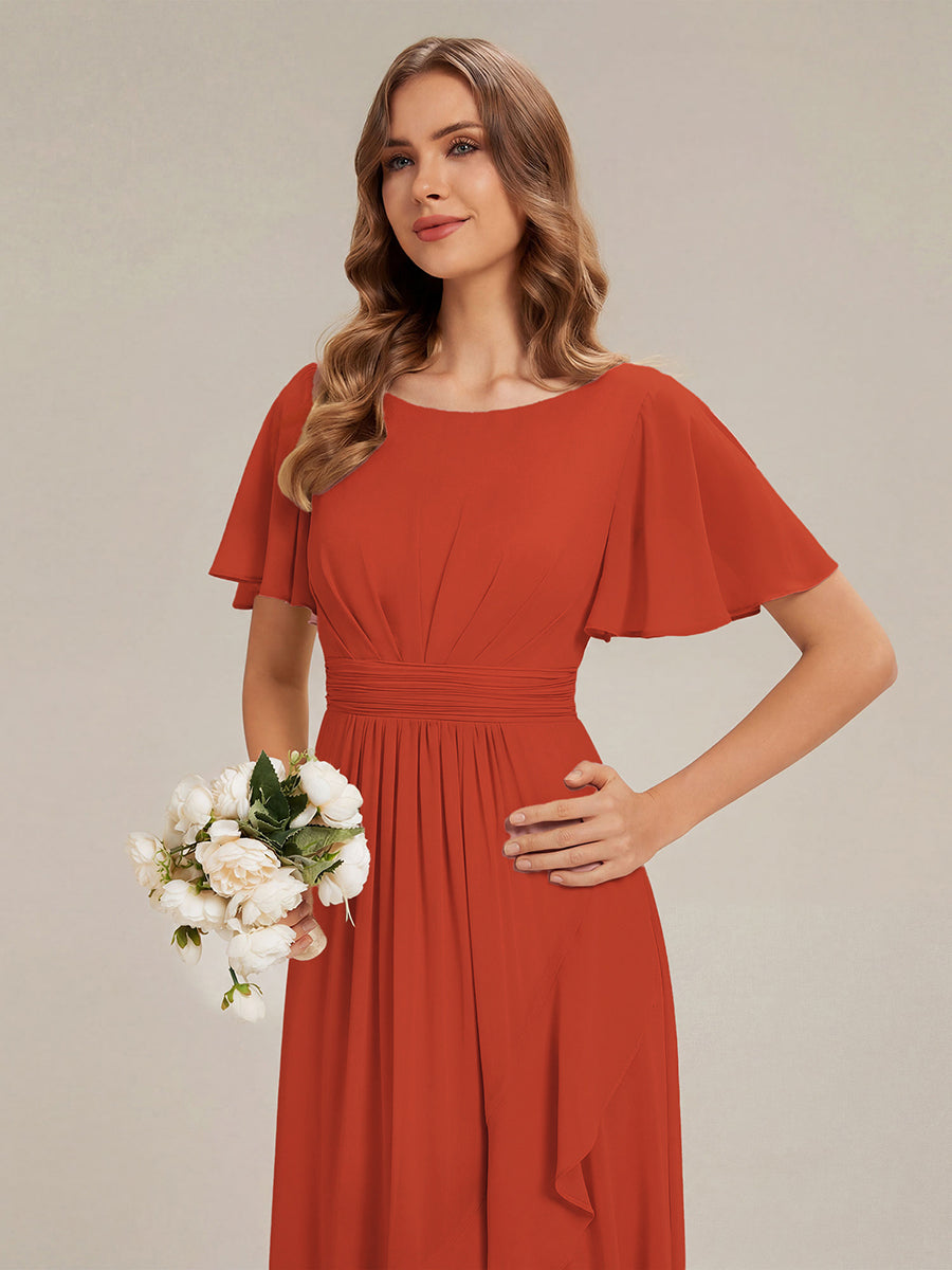 High-Low Chiffon Kleid Mit Rundhalsausschnitt Asymmetrischem Saum Gerüschten Und Rüschen Details Faltenoptik #Farbe_Gebranntes Orange