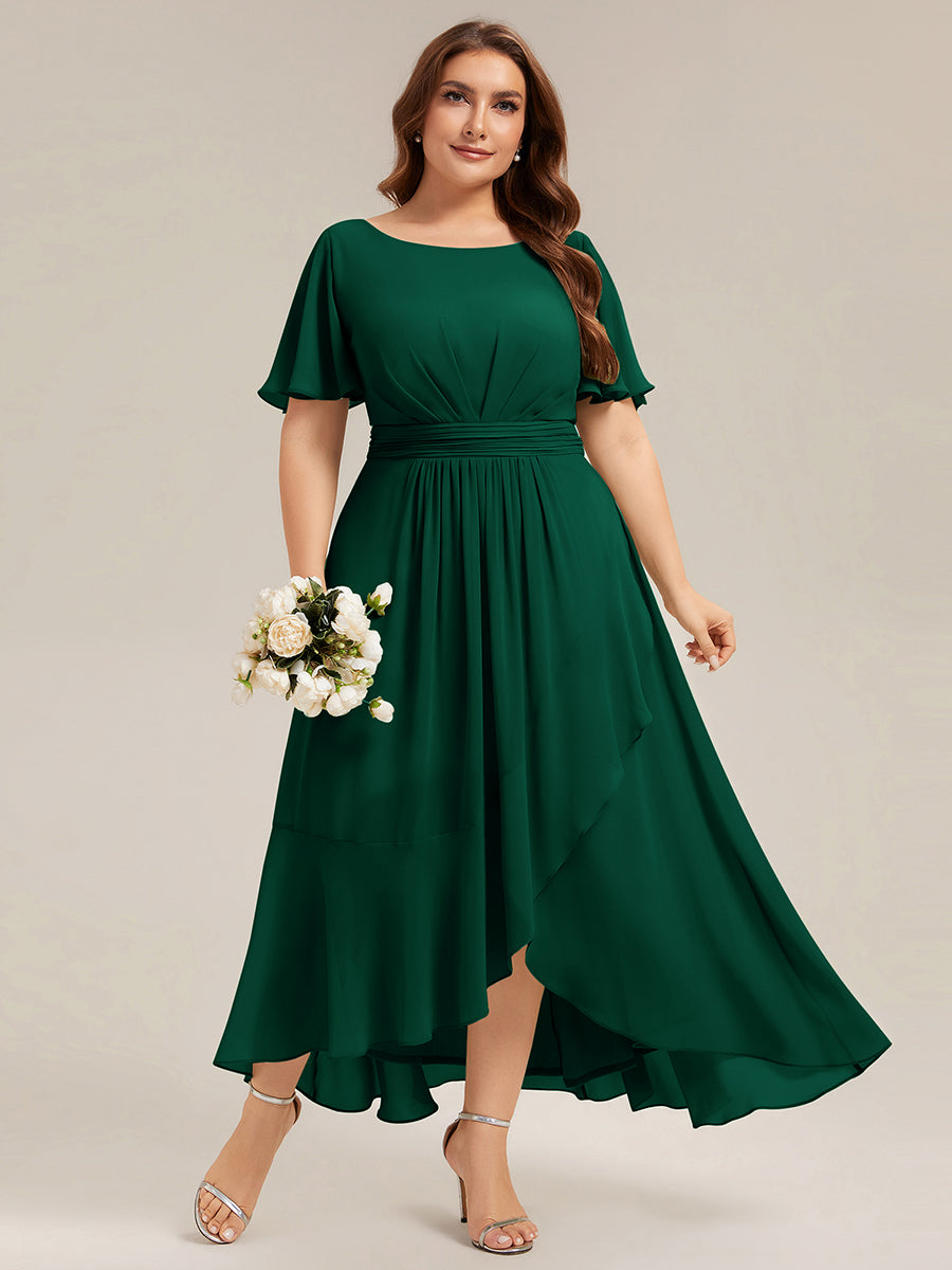 High-Low Chiffon Kleid Mit Rundhalsausschnitt Asymmetrischem Saum Gerüschten Und Rüschen Details Faltenoptik #Farbe_Dunkelgrün