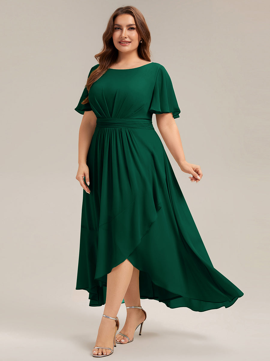 High-Low Chiffon Kleid Mit Rundhalsausschnitt Asymmetrischem Saum Gerüschten Und Rüschen Details Faltenoptik #Farbe_Dunkelgrün
