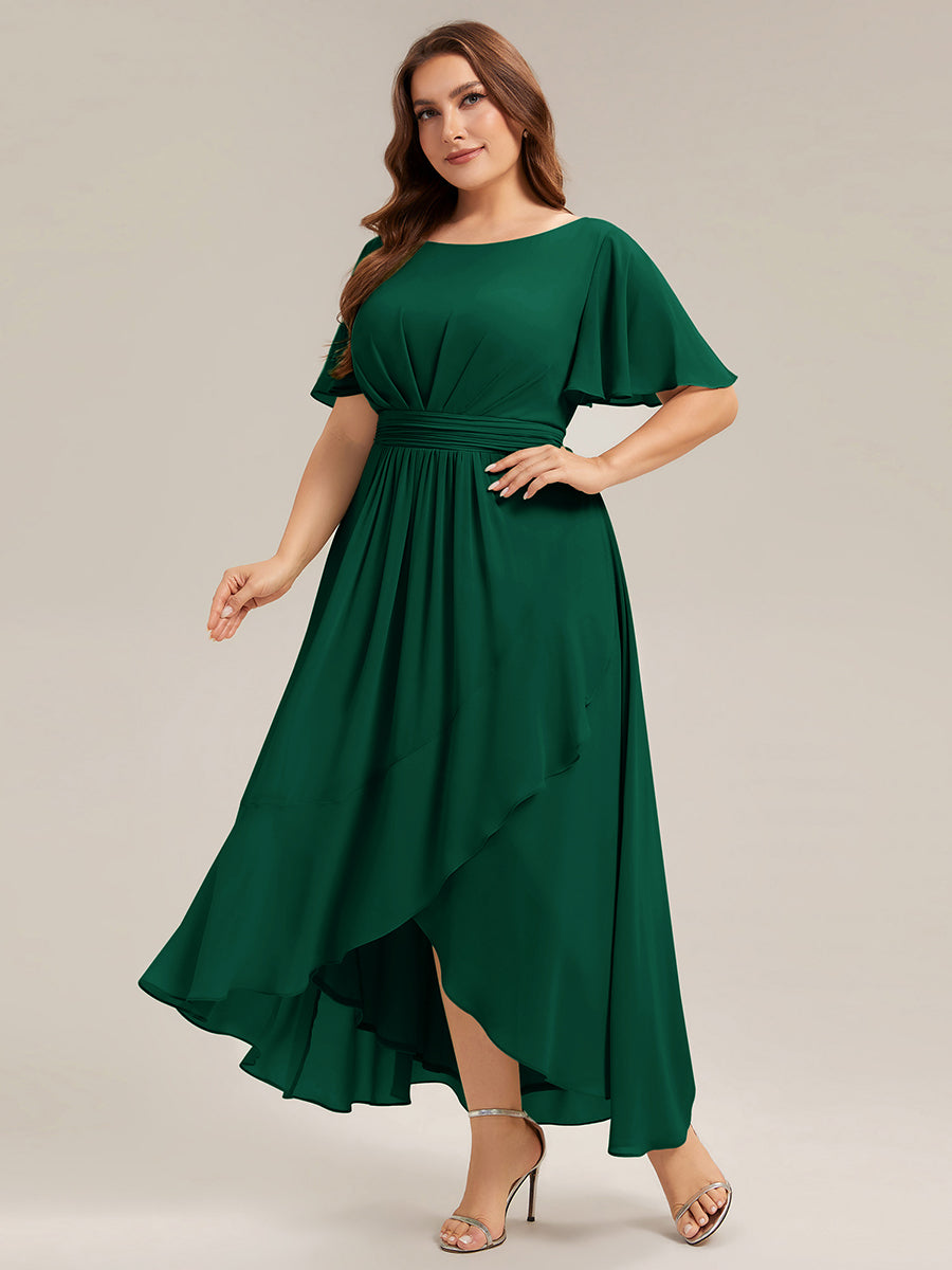 High-Low Chiffon Kleid Mit Rundhalsausschnitt Asymmetrischem Saum Gerüschten Und Rüschen Details Faltenoptik #Farbe_Dunkelgrün