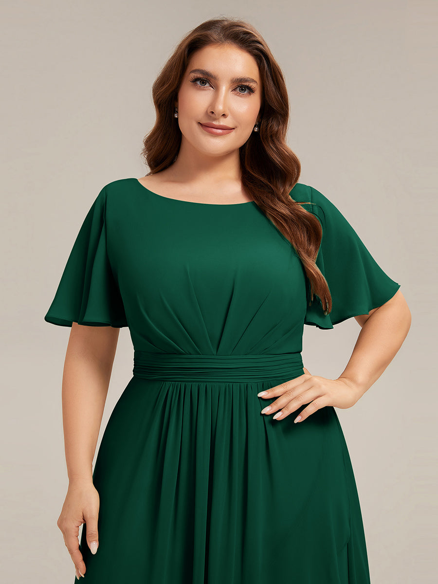 High-Low Chiffon Kleid Mit Rundhalsausschnitt Asymmetrischem Saum Gerüschten Und Rüschen Details Faltenoptik #Farbe_Dunkelgrün