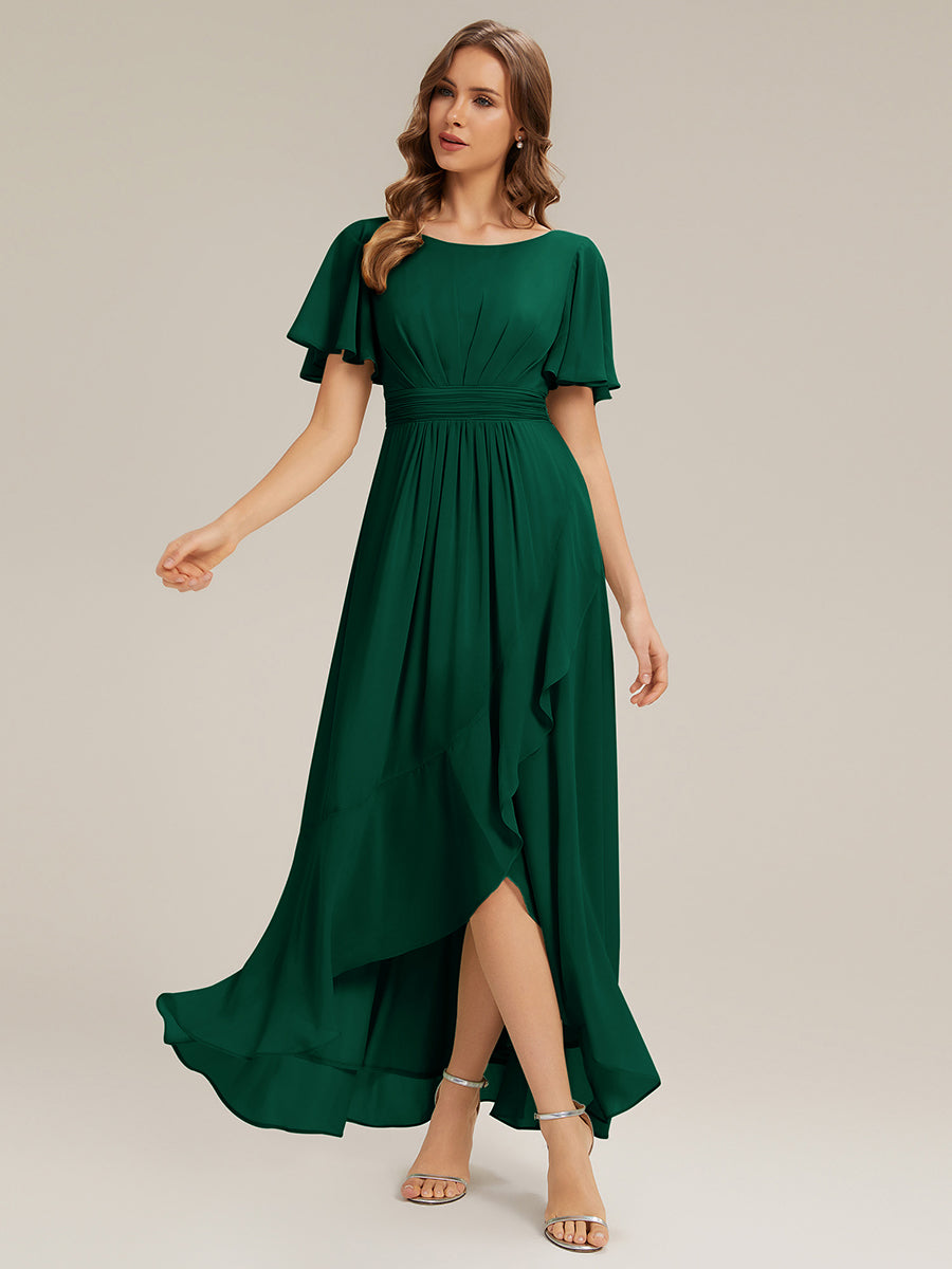 High-Low Chiffon Kleid Mit Rundhalsausschnitt Asymmetrischem Saum Gerüschten Und Rüschen Details Faltenoptik #Farbe_Dunkelgrün