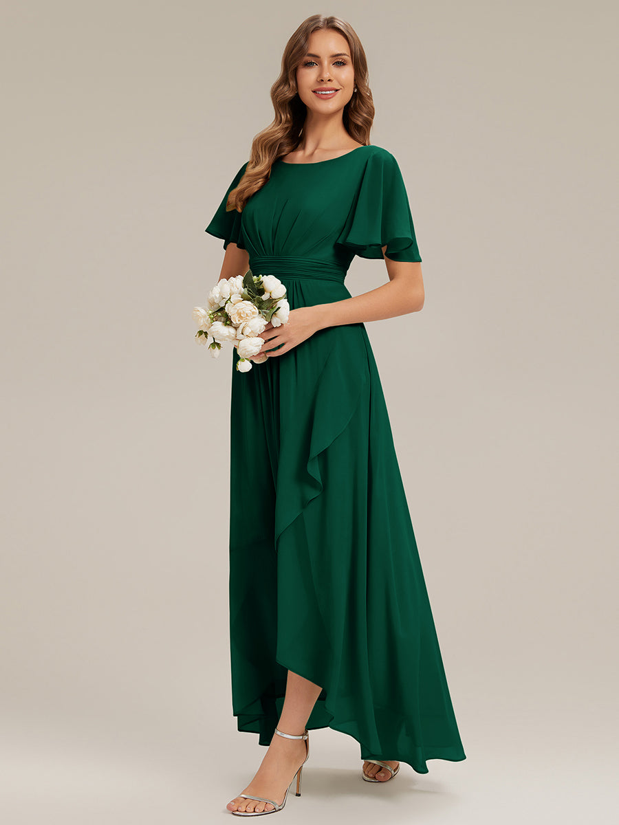 High-Low Chiffon Kleid Mit Rundhalsausschnitt Asymmetrischem Saum Gerüschten Und Rüschen Details Faltenoptik #Farbe_Dunkelgrün