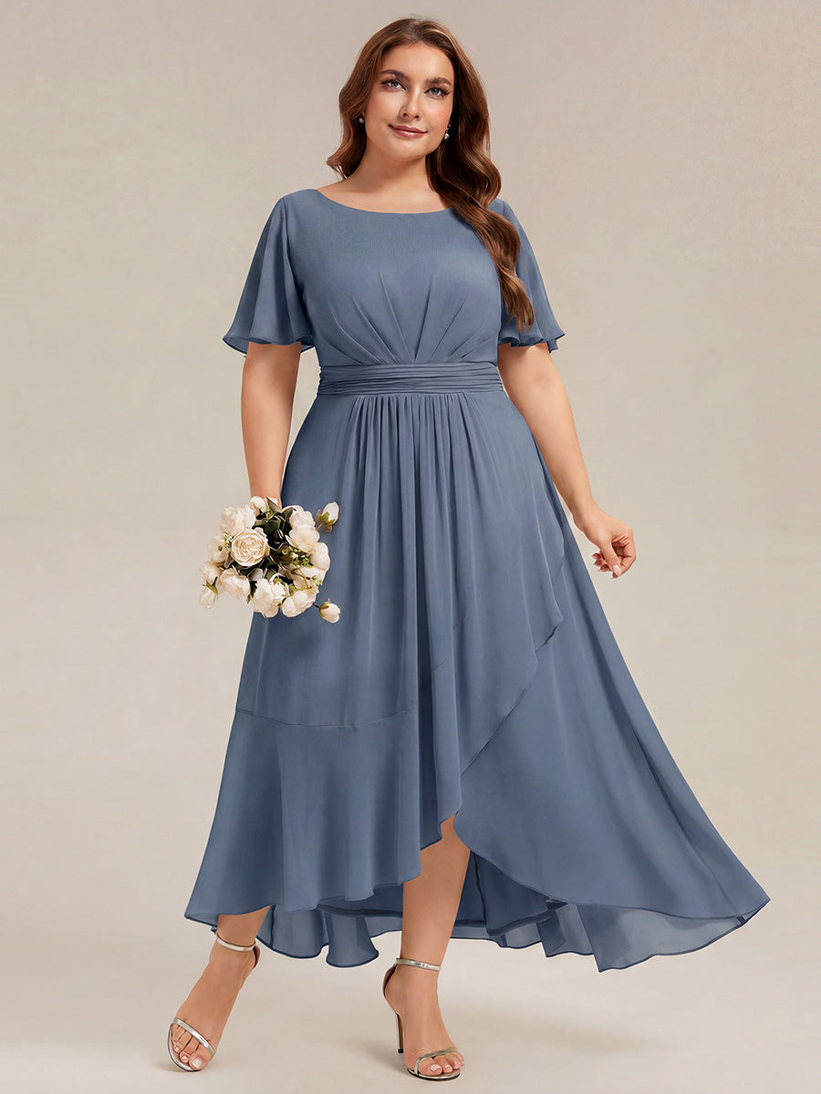 High-Low Chiffon Kleid Mit Rundhalsausschnitt Asymmetrischem Saum Gerüschten Und Rüschen Details Faltenoptik #Farbe_Taubenblau