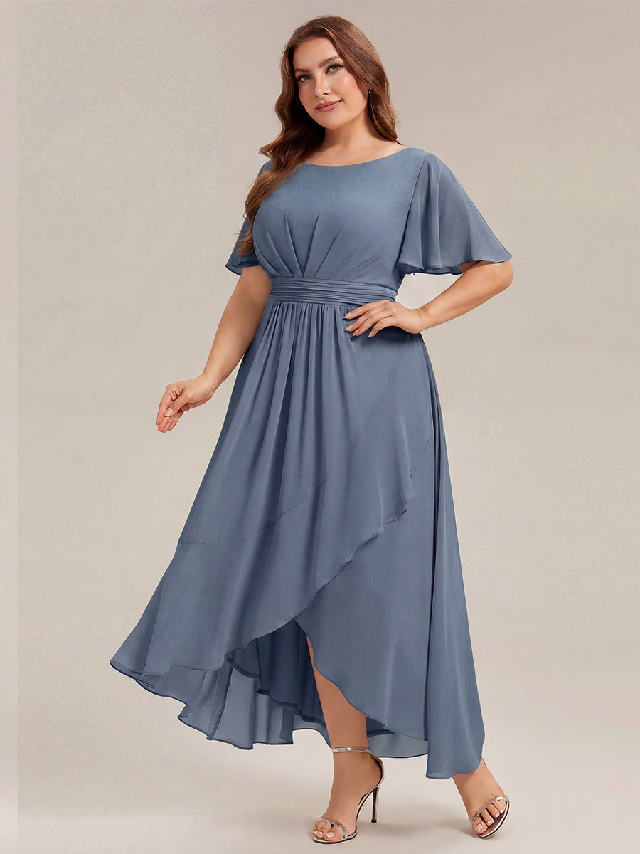 High-Low Chiffon Kleid Mit Rundhalsausschnitt Asymmetrischem Saum Gerüschten Und Rüschen Details Faltenoptik #Farbe_Taubenblau