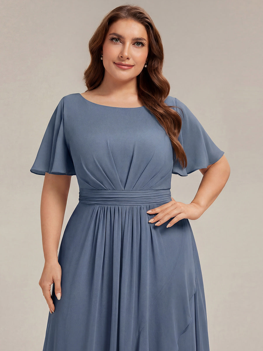 High-Low Chiffon Kleid Mit Rundhalsausschnitt Asymmetrischem Saum Gerüschten Und Rüschen Details Faltenoptik #Farbe_Taubenblau