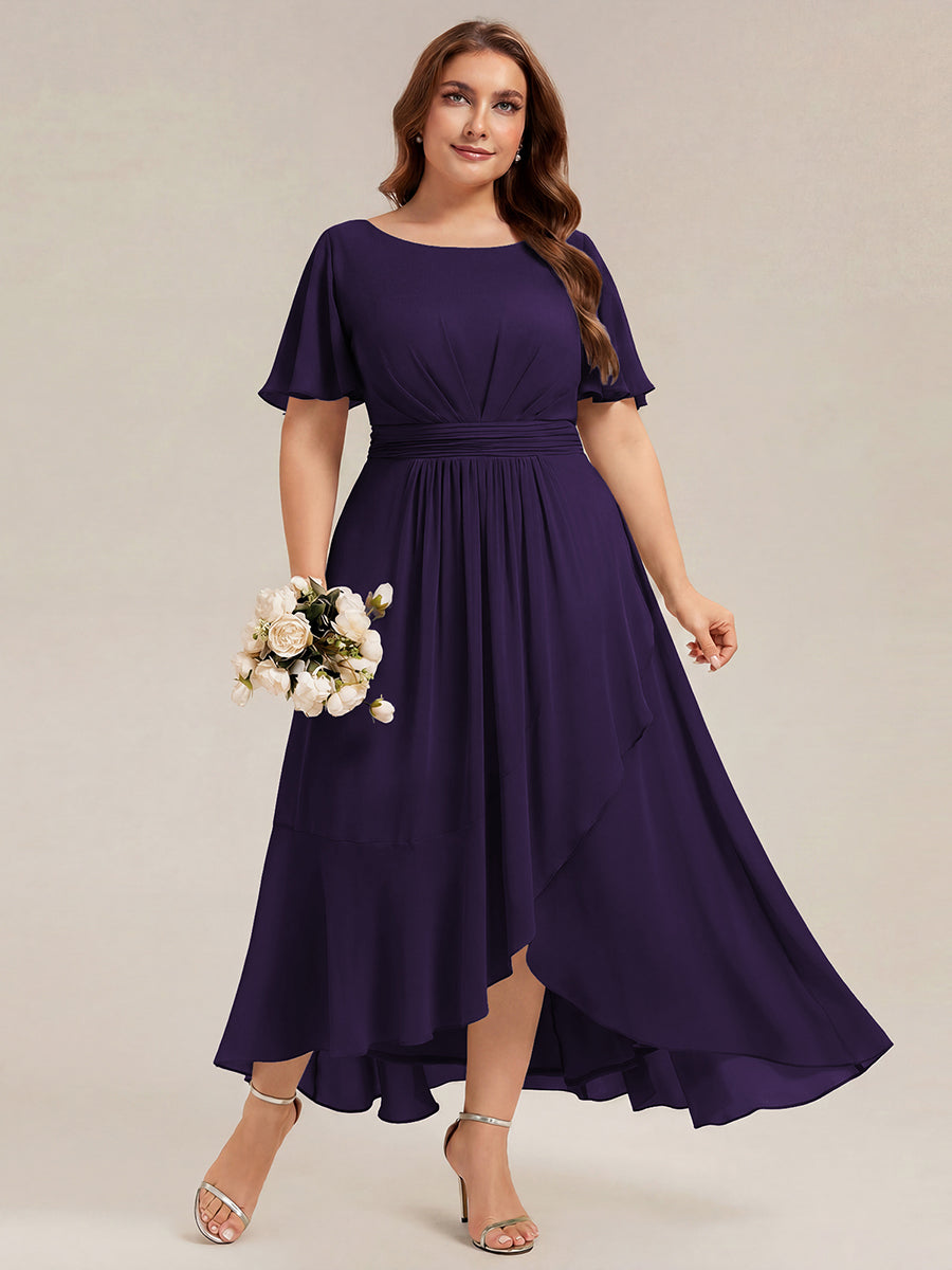 High-Low Chiffon Kleid Mit Rundhalsausschnitt Asymmetrischem Saum Gerüschten Und Rüschen Details Faltenoptik #Farbe_Dunkelviolett
