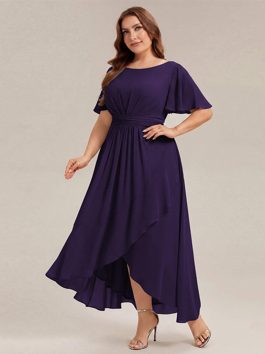 High-Low Chiffon Kleid Mit Rundhalsausschnitt Asymmetrischem Saum Gerüschten Und Rüschen Details Faltenoptik #Farbe_Dunkelviolett