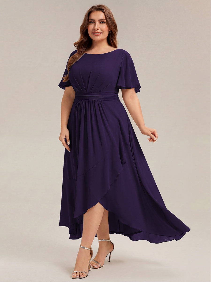 High-Low Chiffon Kleid Mit Rundhalsausschnitt Asymmetrischem Saum Gerüschten Und Rüschen Details Faltenoptik #Farbe_Dunkelviolett