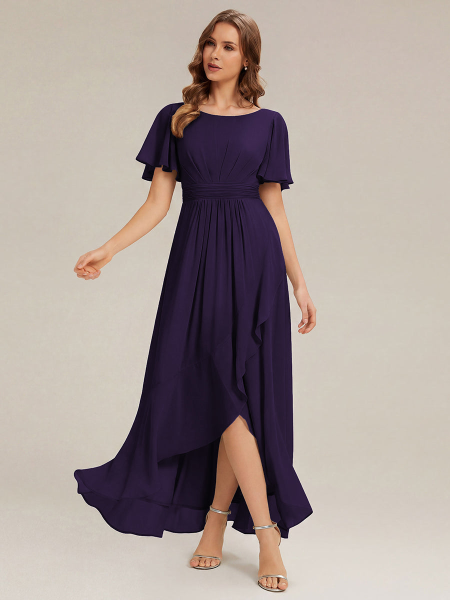 High-Low Chiffon Kleid Mit Rundhalsausschnitt Asymmetrischem Saum Gerüschten Und Rüschen Details Faltenoptik #Farbe_Dunkelviolett