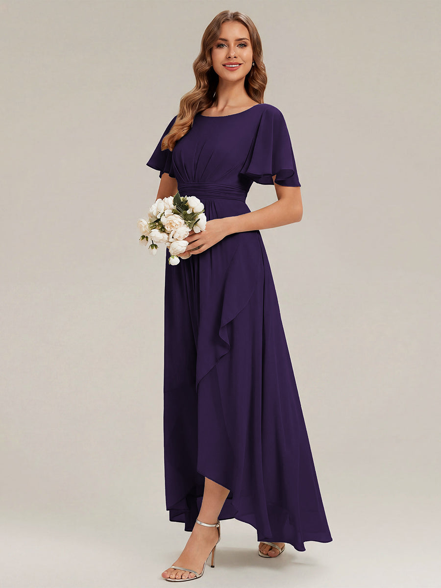High-Low Chiffon Kleid Mit Rundhalsausschnitt Asymmetrischem Saum Gerüschten Und Rüschen Details Faltenoptik #Farbe_Dunkelviolett