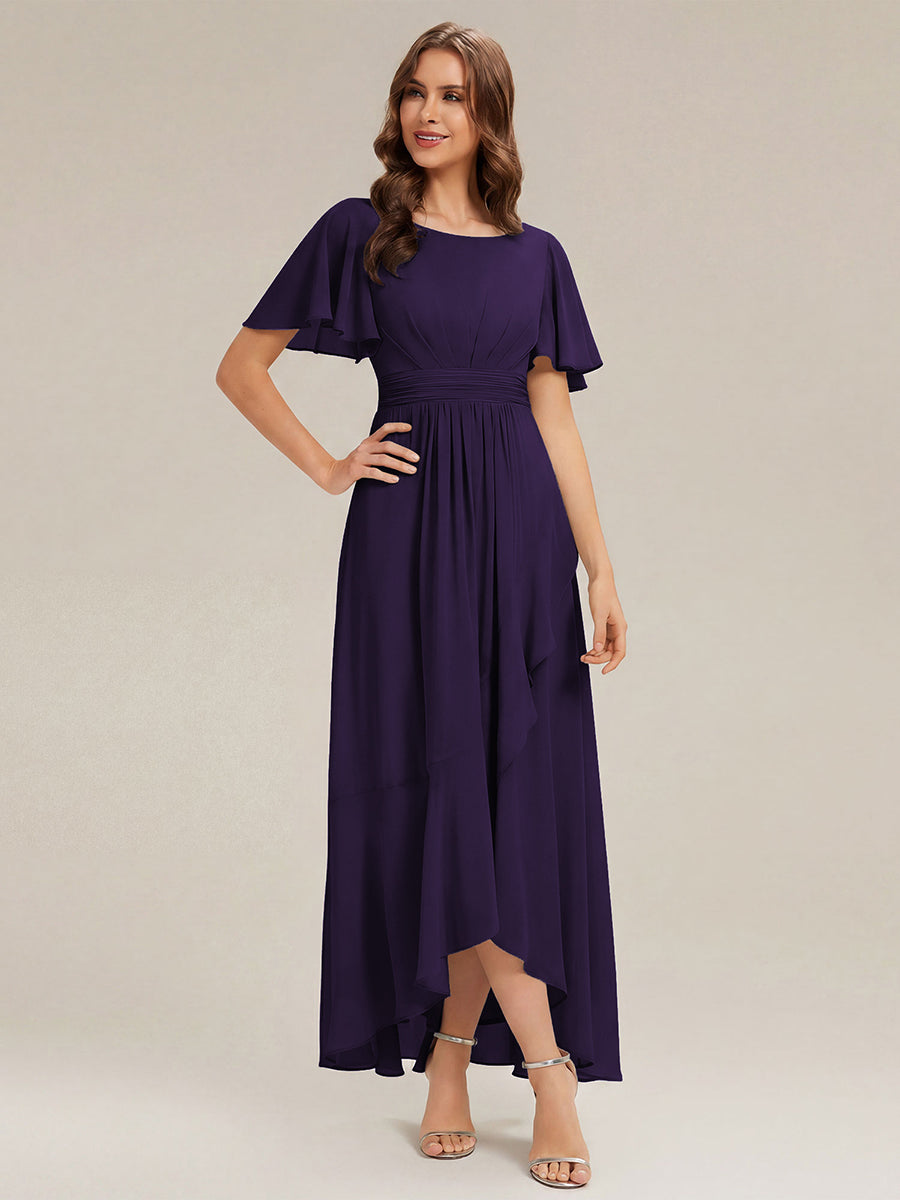 High-Low Chiffon Kleid Mit Rundhalsausschnitt Asymmetrischem Saum Gerüschten Und Rüschen Details Faltenoptik #Farbe_Dunkelviolett