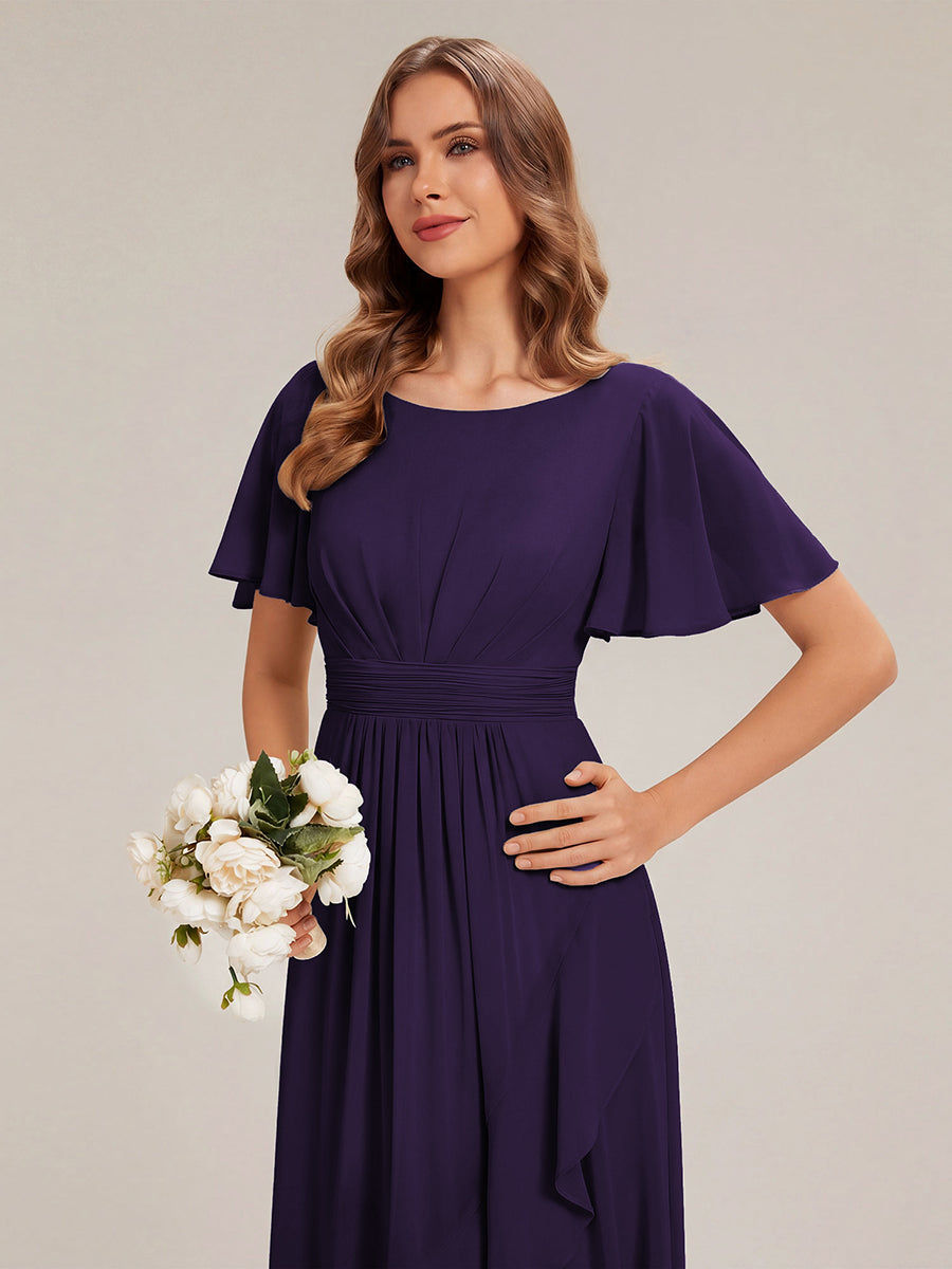 High-Low Chiffon Kleid Mit Rundhalsausschnitt Asymmetrischem Saum Gerüschten Und Rüschen Details Faltenoptik #Farbe_Dunkelviolett