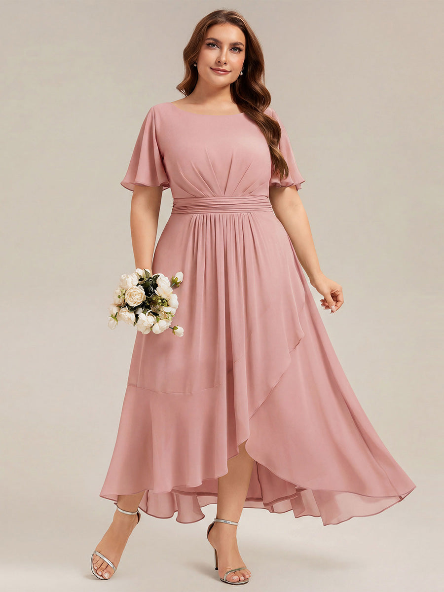 High-Low Chiffon Kleid Mit Rundhalsausschnitt Asymmetrischem Saum Gerüschten Und Rüschen Details Faltenoptik #Farbe_Altrosa