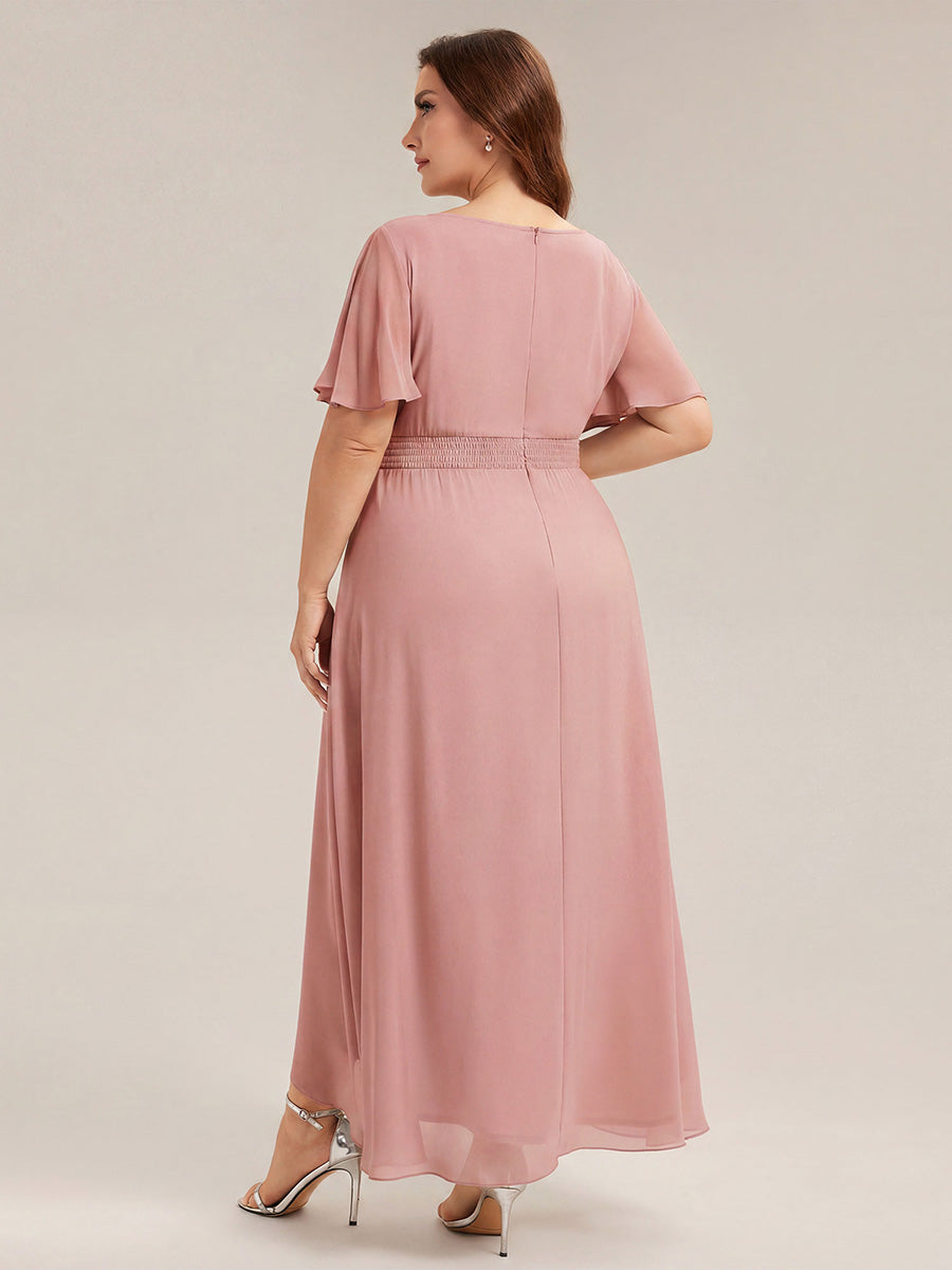 High-Low Chiffon Kleid Mit Rundhalsausschnitt Asymmetrischem Saum Gerüschten Und Rüschen Details Faltenoptik #Farbe_Altrosa