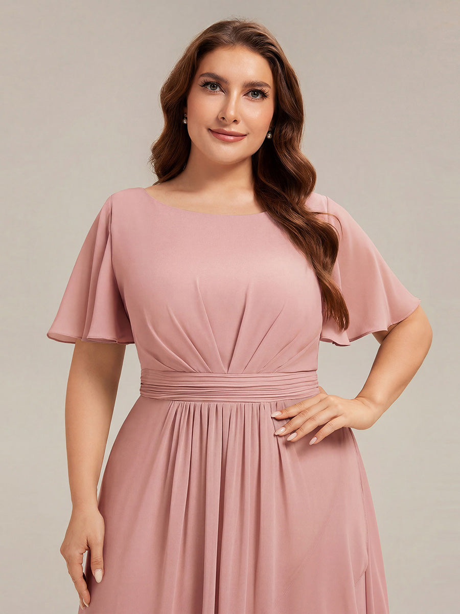 High-Low Chiffon Kleid Mit Rundhalsausschnitt Asymmetrischem Saum Gerüschten Und Rüschen Details Faltenoptik #Farbe_Altrosa