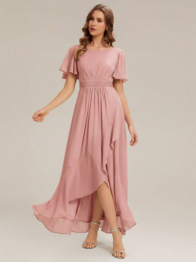 High-Low Chiffon Kleid Mit Rundhalsausschnitt Asymmetrischem Saum Gerüschten Und Rüschen Details Faltenoptik #Farbe_Altrosa