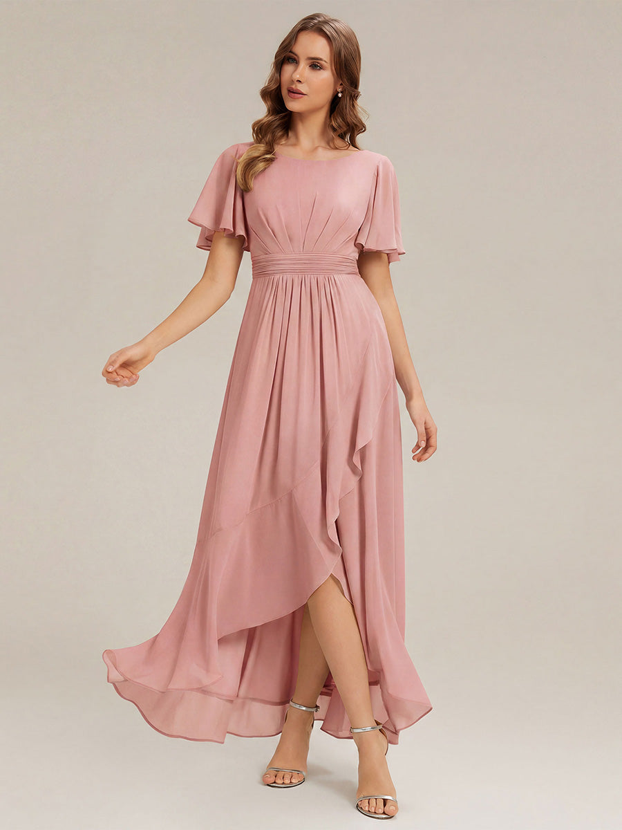 High-Low Chiffon Kleid Mit Rundhalsausschnitt Asymmetrischem Saum Gerüschten Und Rüschen Details Faltenoptik #Farbe_Altrosa