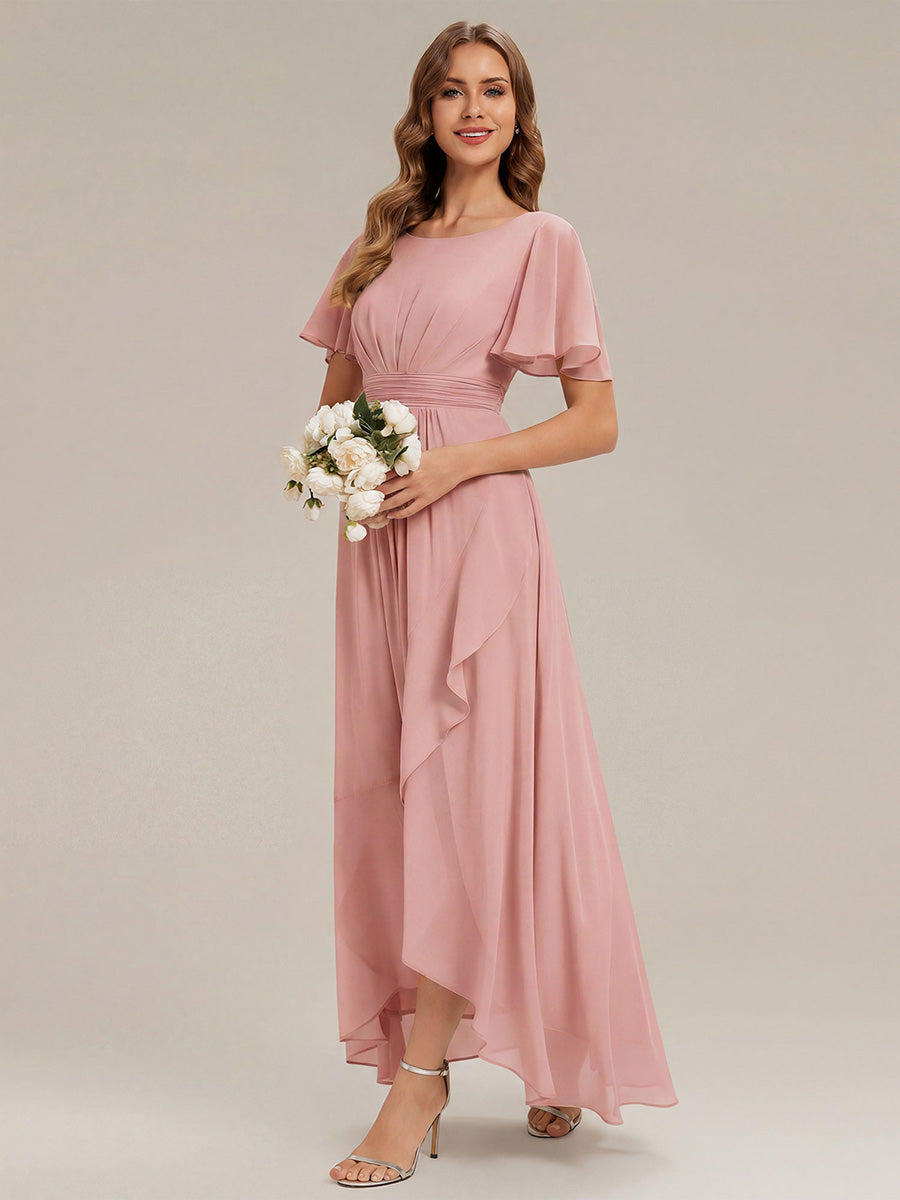 High-Low Chiffon Kleid Mit Rundhalsausschnitt Asymmetrischem Saum Gerüschten Und Rüschen Details Faltenoptik #Farbe_Altrosa