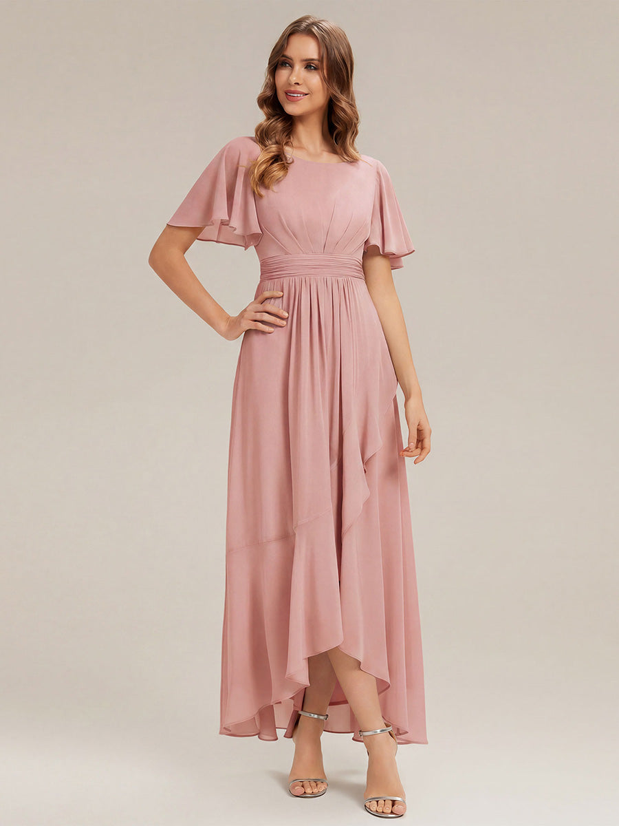 High-Low Chiffon Kleid Mit Rundhalsausschnitt Asymmetrischem Saum Gerüschten Und Rüschen Details Faltenoptik #Farbe_Altrosa