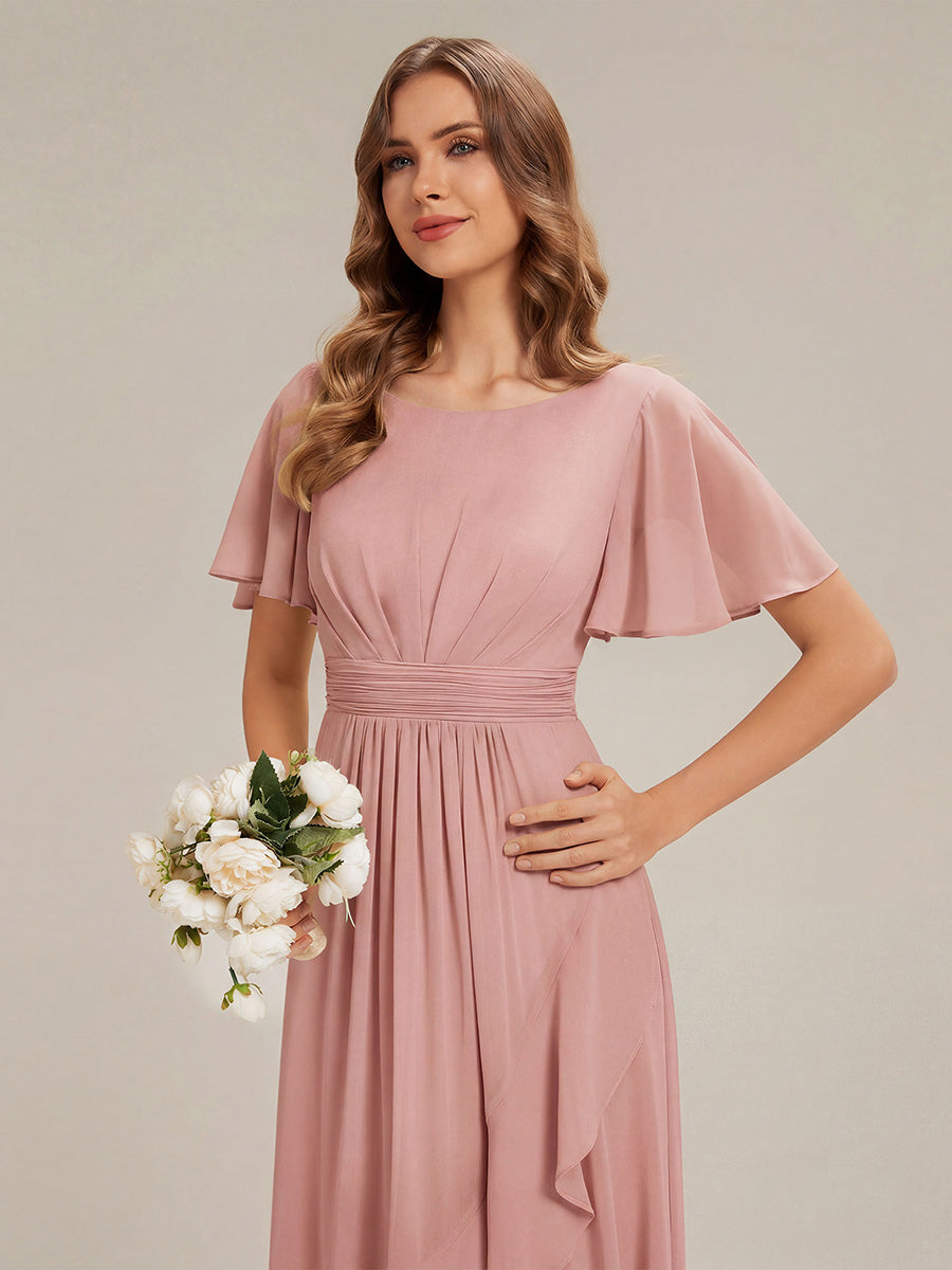High-Low Chiffon Kleid Mit Rundhalsausschnitt Asymmetrischem Saum Gerüschten Und Rüschen Details Faltenoptik #Farbe_Altrosa