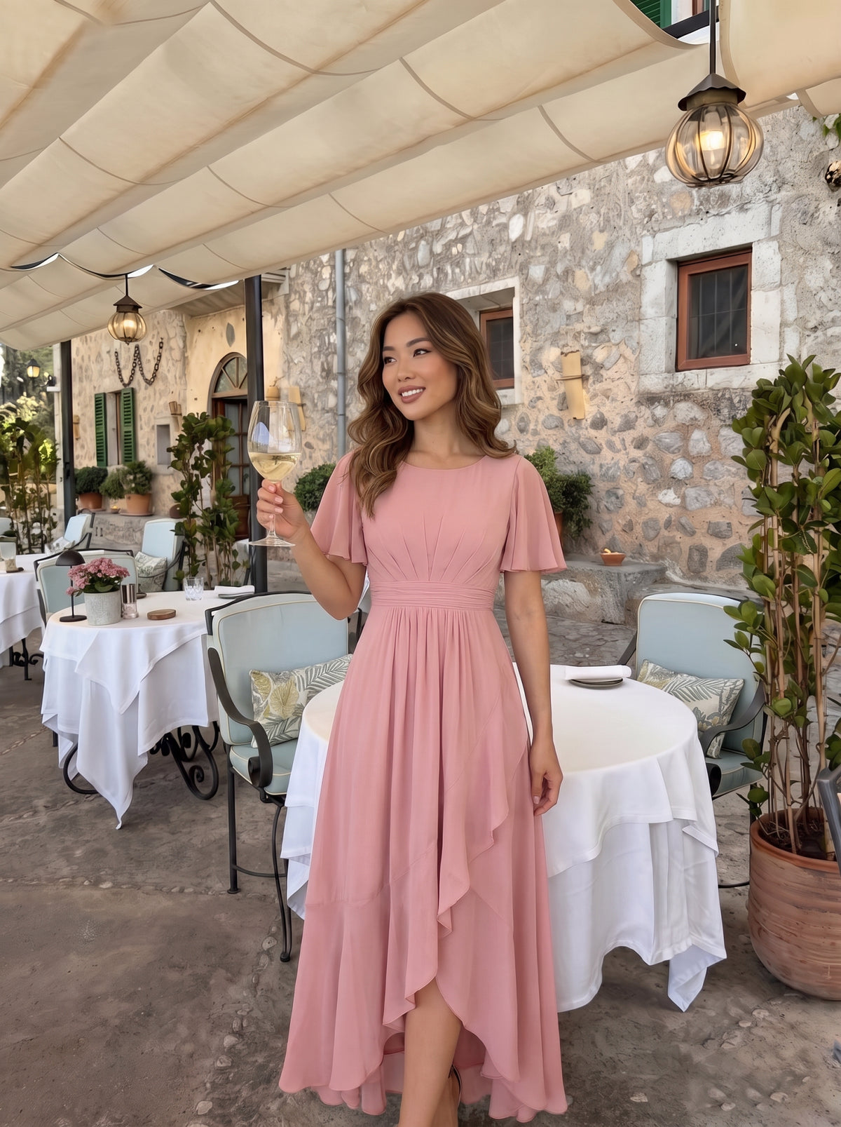 High-Low Chiffon Kleid Mit Rundhalsausschnitt Asymmetrischem Saum Gerüschten Und Rüschen Details Faltenoptik #Farbe_Altrosa